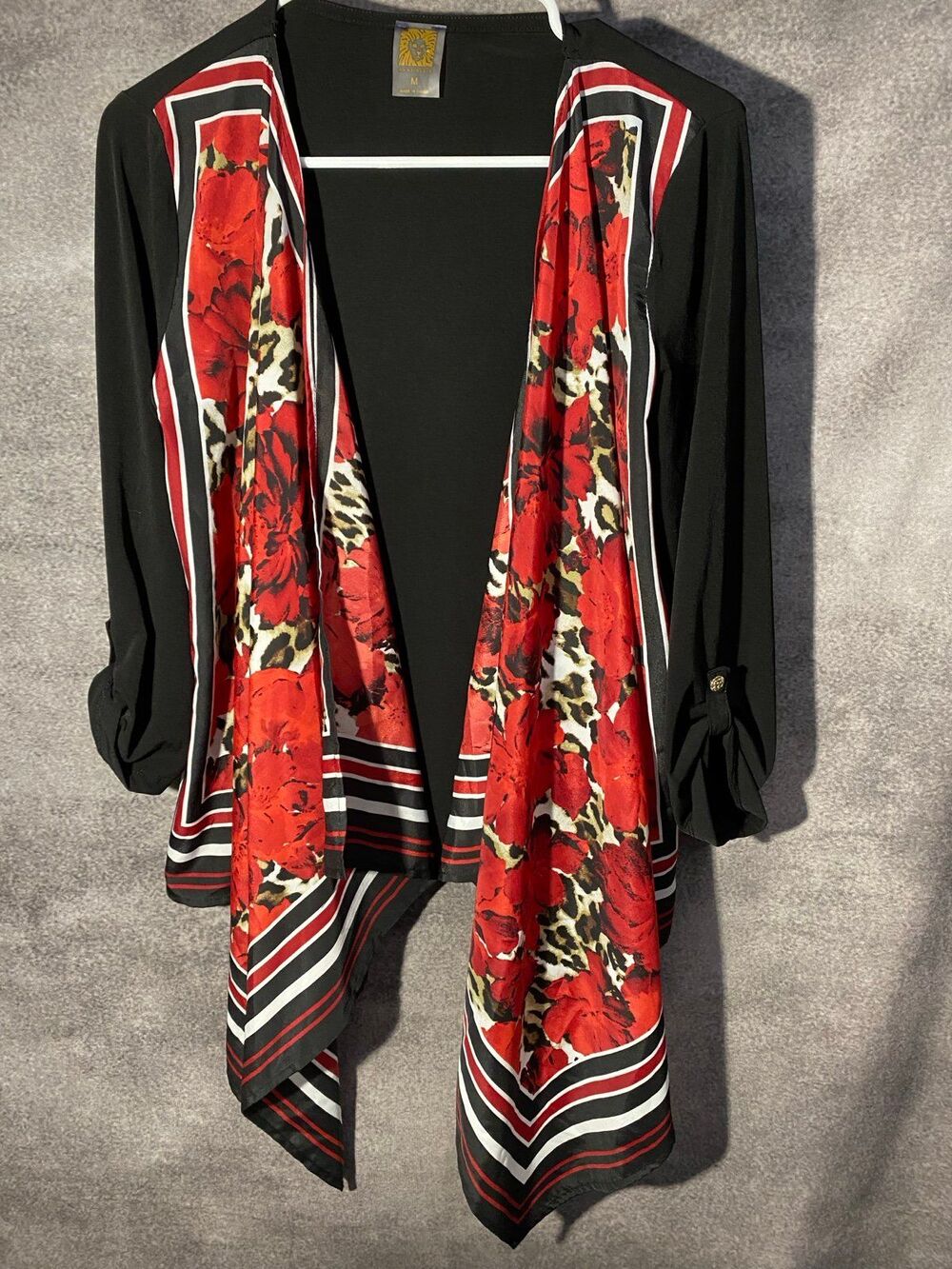 Anne Klein Draped Cardigan Jacket Medium Black Floral Cheetah Mixed Print Roll